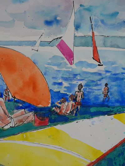 Maurice GENIS : Baignade et planche à voile, Aquarelle originale signée
