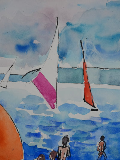 Maurice GENIS : Baignade et planche à voile, Aquarelle originale signée