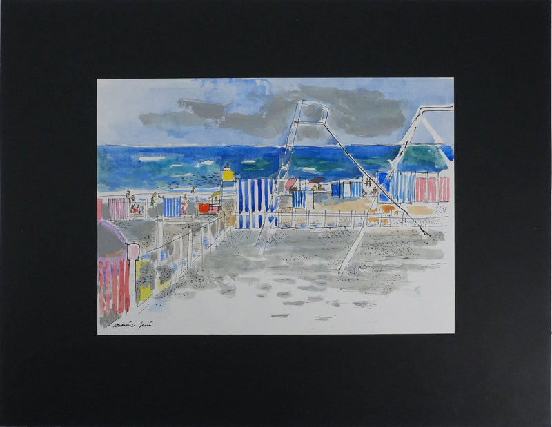 Maurice GENIS : Les tentes rayés au bord de mer, Dessin original signé
