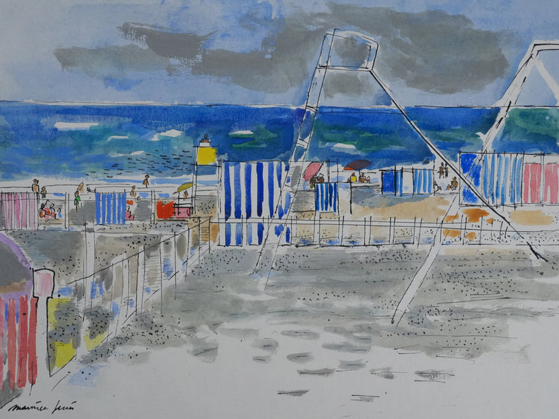 Maurice GENIS : Les tentes rayés au bord de mer, Dessin original signé