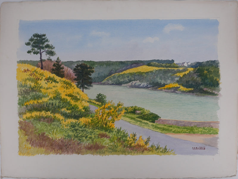 Salomon Alfred BOISECQ : Route au bord du lac, Aquarelle originale signée