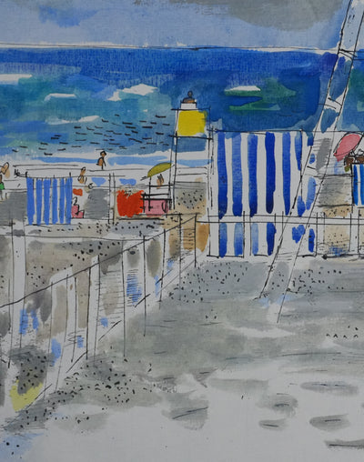 Maurice GENIS : Les tentes rayés au bord de mer, Dessin original signé