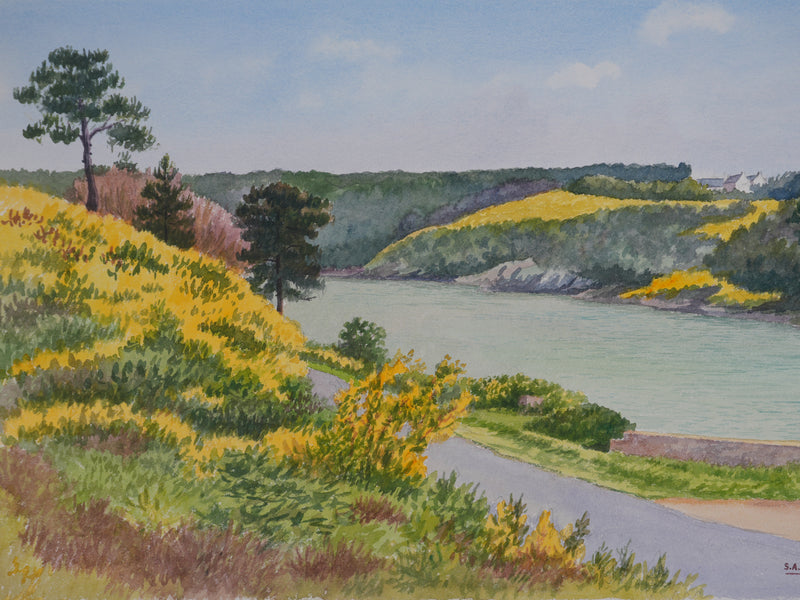 Salomon Alfred BOISECQ : Route au bord du lac, Aquarelle originale signée