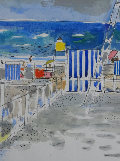 Maurice GENIS : Les tentes rayés au bord de mer, Dessin original signé