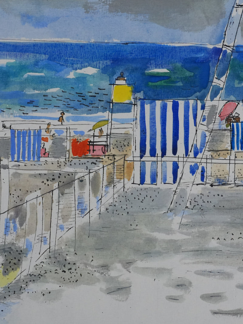 Maurice GENIS : Les tentes rayés au bord de mer, Dessin original signé