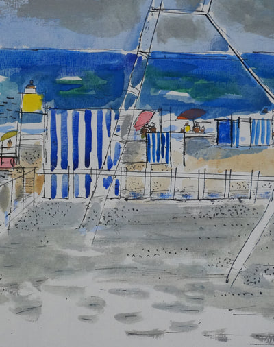Maurice GENIS : Les tentes rayés au bord de mer, Dessin original signé