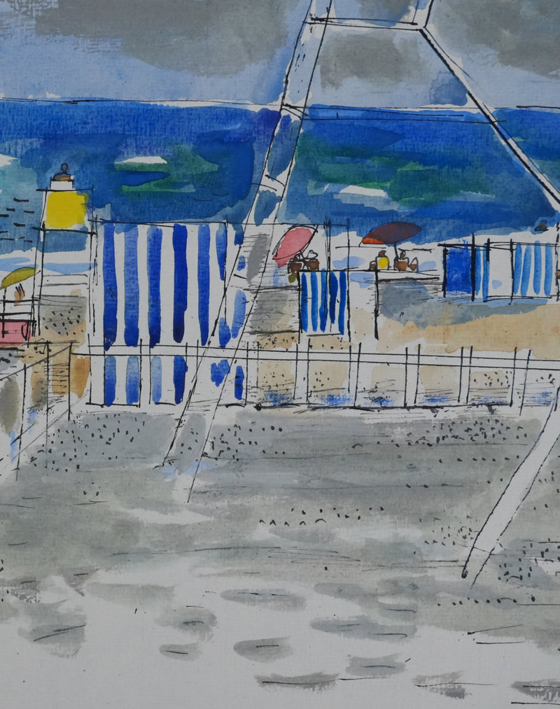 Maurice GENIS : Les tentes rayés au bord de mer, Dessin original signé