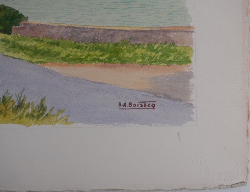 Salomon Alfred BOISECQ : Route au bord du lac, Aquarelle originale signée