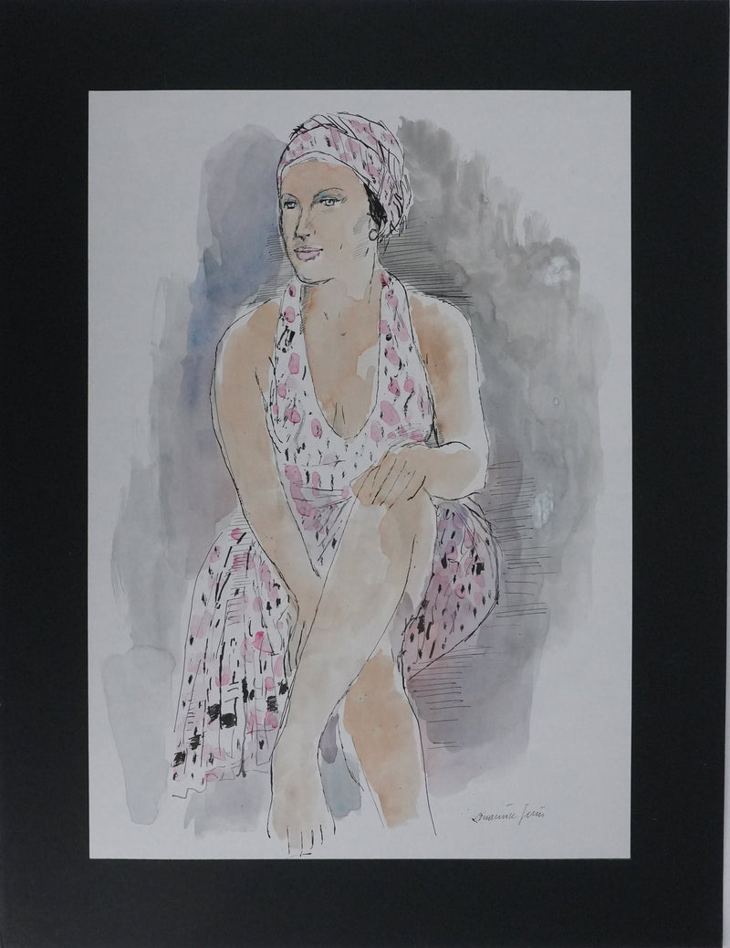 Maurice GENIS : La femme au foulard rose et blanc, Dessin original signé