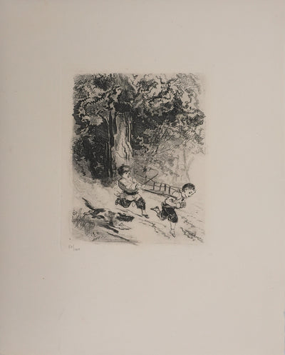Edmond MORIN : Les enfants jouant dans les bois, Gravure originale signée
