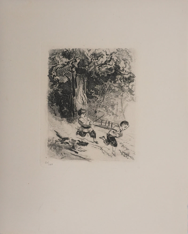 Edmond MORIN : Les enfants jouant dans les bois, Gravure originale signée