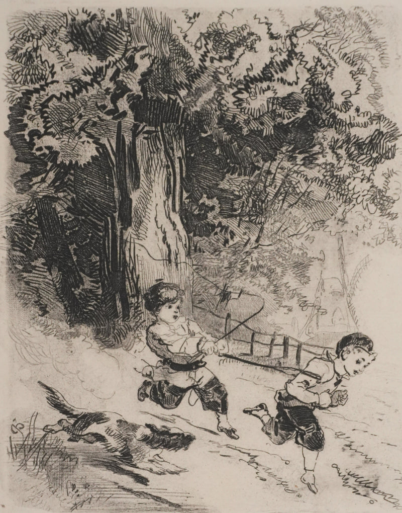 Edmond MORIN : Les enfants jouant dans les bois, Gravure originale signée