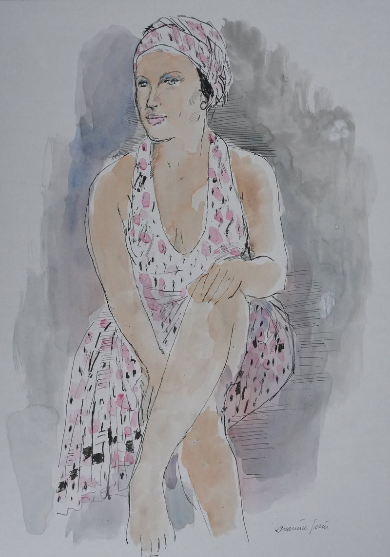 Maurice GENIS : La femme au foulard rose et blanc, Dessin original signé