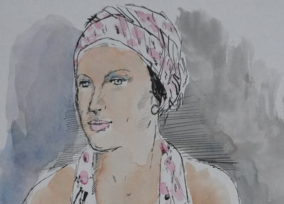 Maurice GENIS : La femme au foulard rose et blanc, Dessin original signé