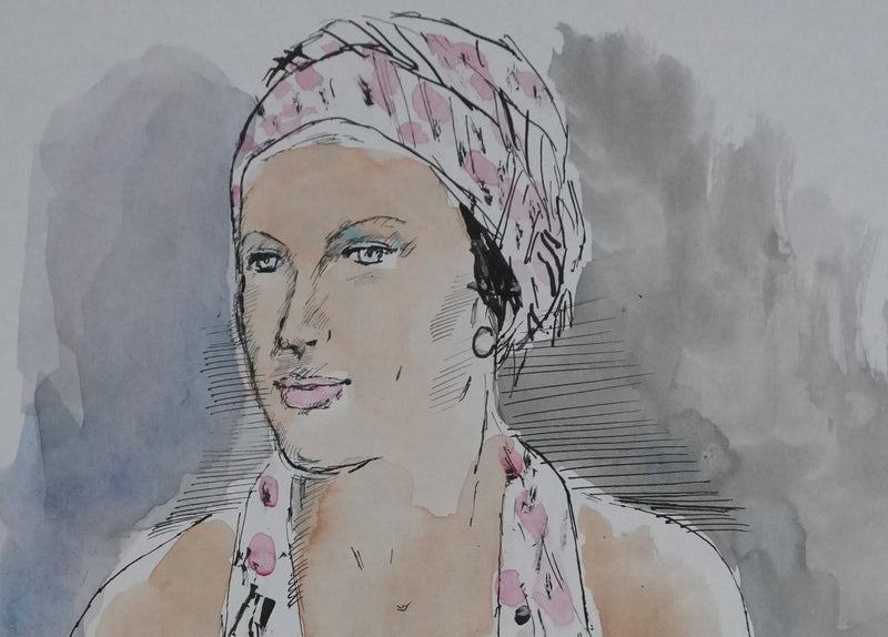 Maurice GENIS : La femme au foulard rose et blanc, Dessin original signé