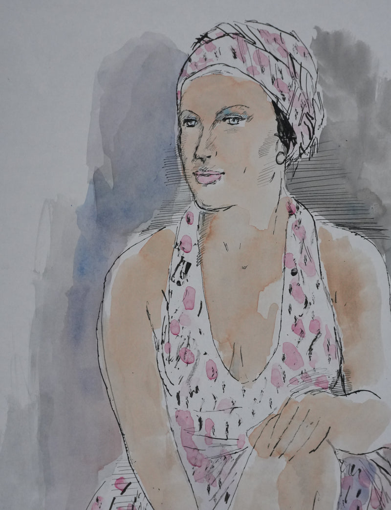 Maurice GENIS : La femme au foulard rose et blanc, Dessin original signé
