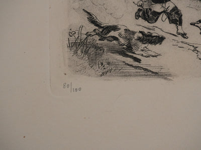 Edmond MORIN : Les enfants jouant dans les bois, Gravure originale signée