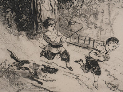 Edmond MORIN : Les enfants jouant dans les bois, Gravure originale signée