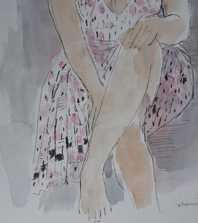 Maurice GENIS : La femme au foulard rose et blanc, Dessin original signé