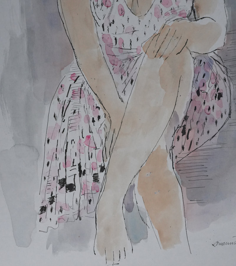 Maurice GENIS : La femme au foulard rose et blanc, Dessin original signé