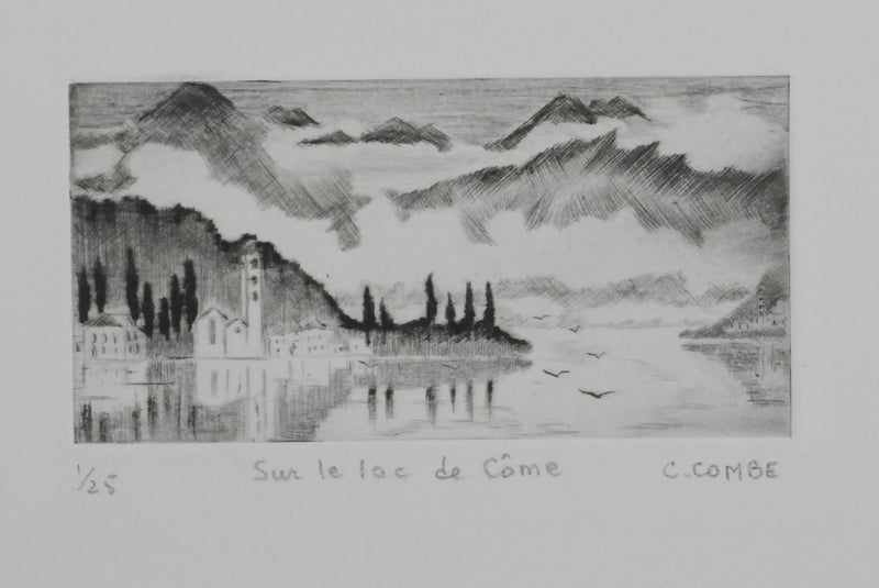 Camille COMBE : Sur le lac de Côme, Gravure originale signée