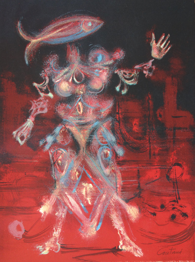 Lucien COUTAUD : Personnage surréaliste au poisson, Lithographie originale (vue générale) - Crédit photo : Galerie Art.Paris