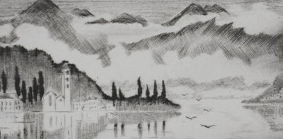 Camille COMBE : Sur le lac de Côme, Gravure originale signée