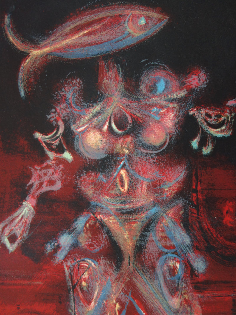 Lucien COUTAUD : Personnage surréaliste au poisson, Lithographie originale (photo de détail 3) - Crédit photo : Galerie Art.Paris
