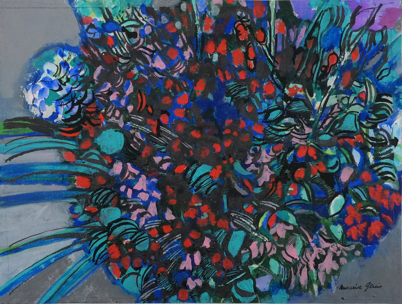 Maurice GENIS : Composition florale aux œillets, Huile sur papier original signé