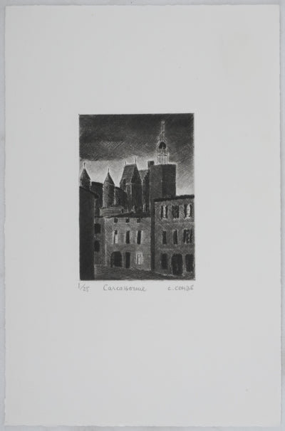 Camille COMBE : Carcassonne, Gravure originale signée