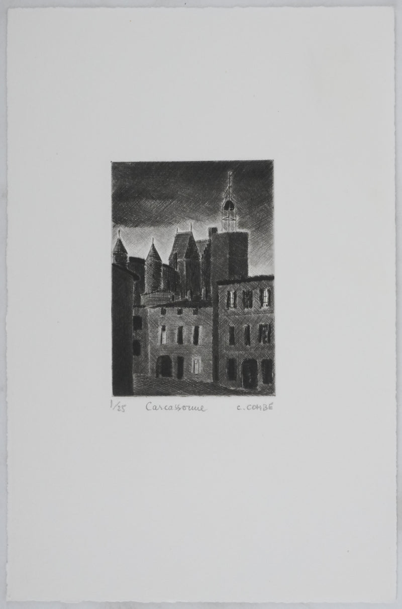 Camille COMBE : Carcassonne, Gravure originale signée