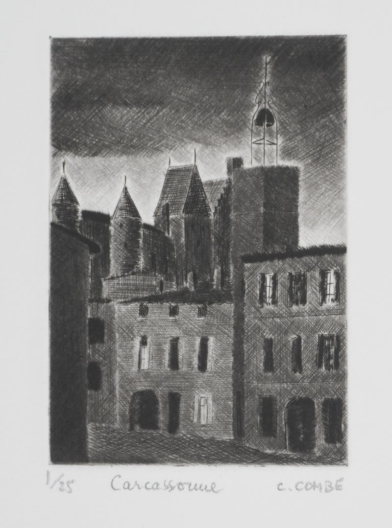Camille COMBE : Carcassonne, Gravure originale signée