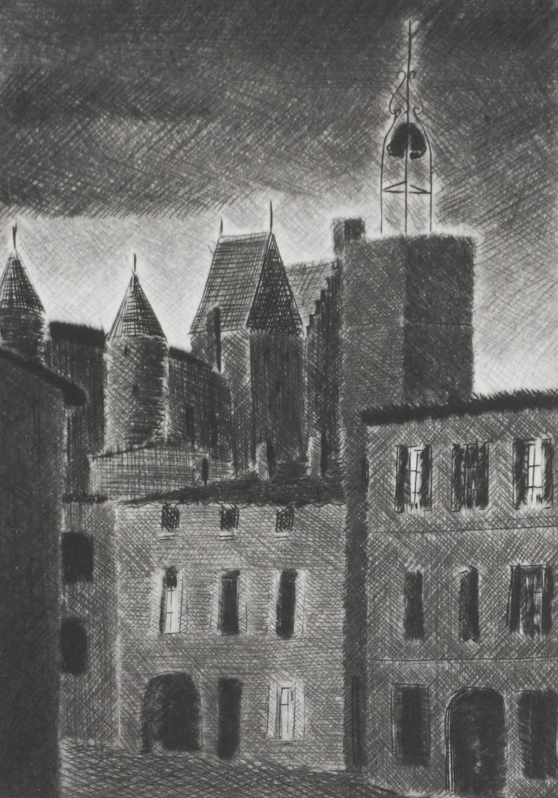 Camille COMBE : Carcassonne, Gravure originale signée