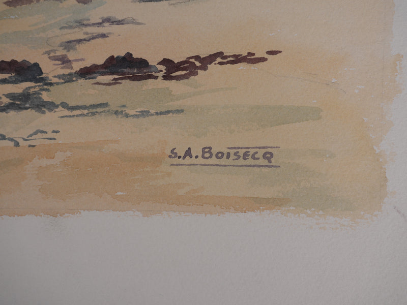 Salomon Alfred BOISECQ : Plage en Méditerranée, Aquarelle originale signée