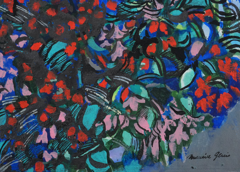 Maurice GENIS : Composition florale aux œillets, Huile sur papier original signé