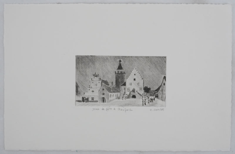Camille COMBE : Jour de fête à Rouffach, Gravure originale signée