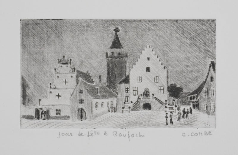 Camille COMBE : Jour de fête à Rouffach, Gravure originale signée