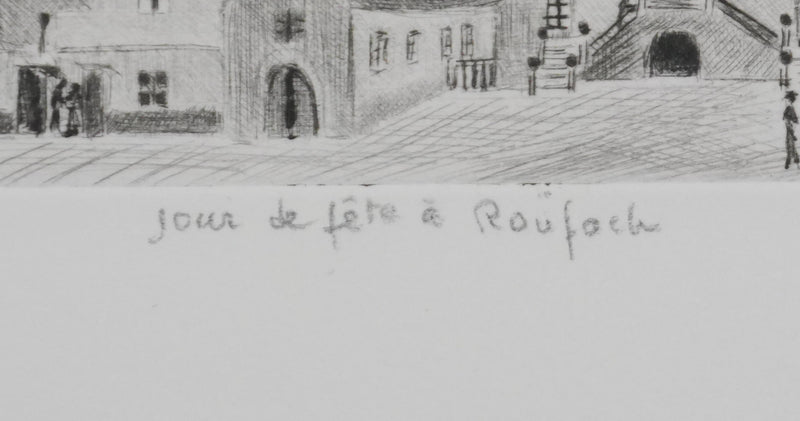 Camille COMBE : Jour de fête à Rouffach, Gravure originale signée