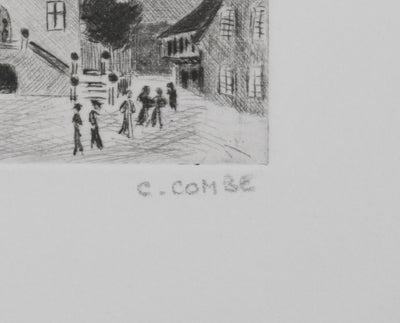 Camille COMBE : Jour de fête à Rouffach, Gravure originale signée