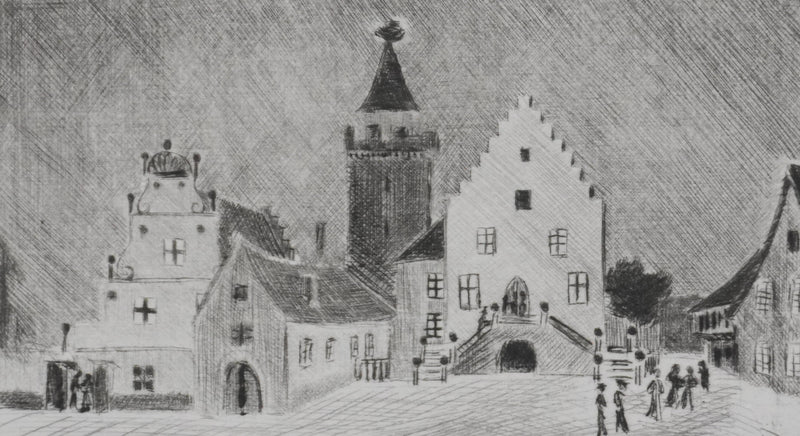Camille COMBE : Jour de fête à Rouffach, Gravure originale signée