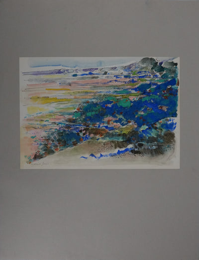 Maurice GENIS : Les champs au pied des collines, Dessin original signé