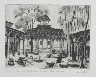 Camille COMBE : Bucarest, le cloître de l'eglise Stavropoleos, Gravure originale signée