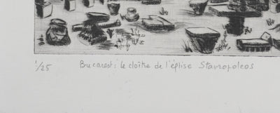 Camille COMBE : Bucarest, le cloître de l'eglise Stavropoleos, Gravure originale signée