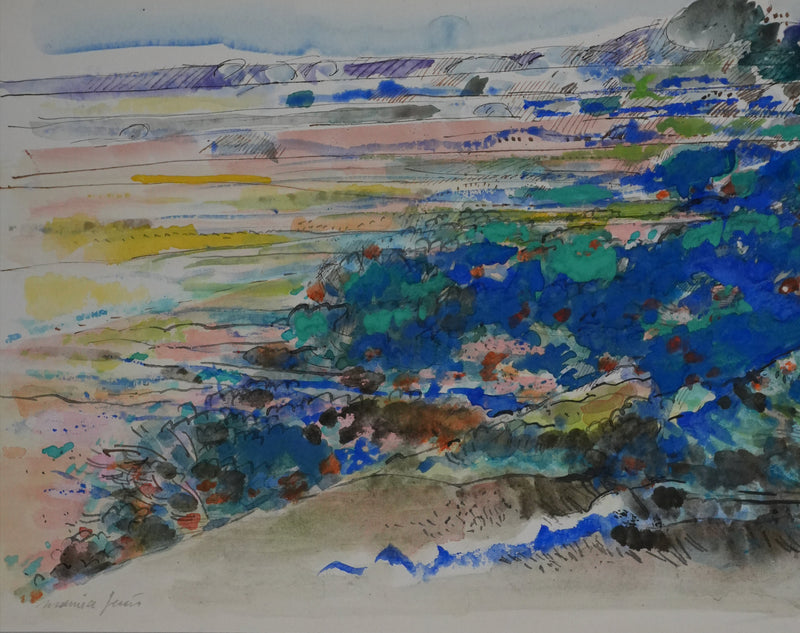 Maurice GENIS : Les champs au pied des collines, Dessin original signé