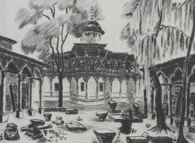 Camille COMBE : Bucarest, le cloître de l'eglise Stavropoleos, Gravure originale signée