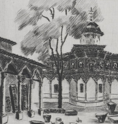 Camille COMBE : Bucarest, le cloître de l'eglise Stavropoleos, Gravure originale signée