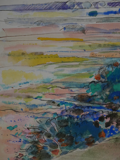 Maurice GENIS : Les champs au pied des collines, Dessin original signé