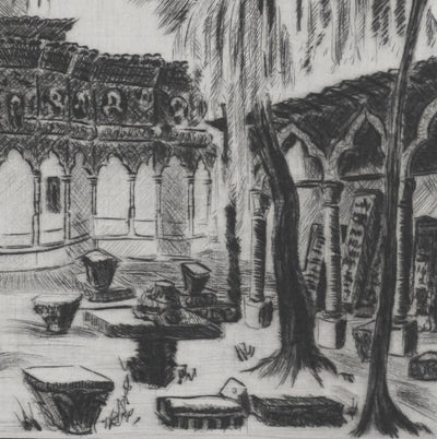 Camille COMBE : Bucarest, le cloître de l'eglise Stavropoleos, Gravure originale signée