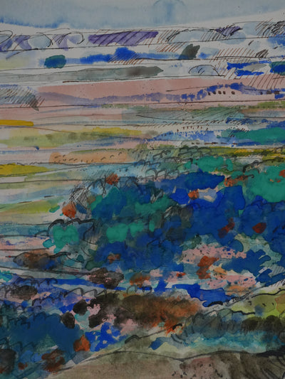 Maurice GENIS : Les champs au pied des collines, Dessin original signé