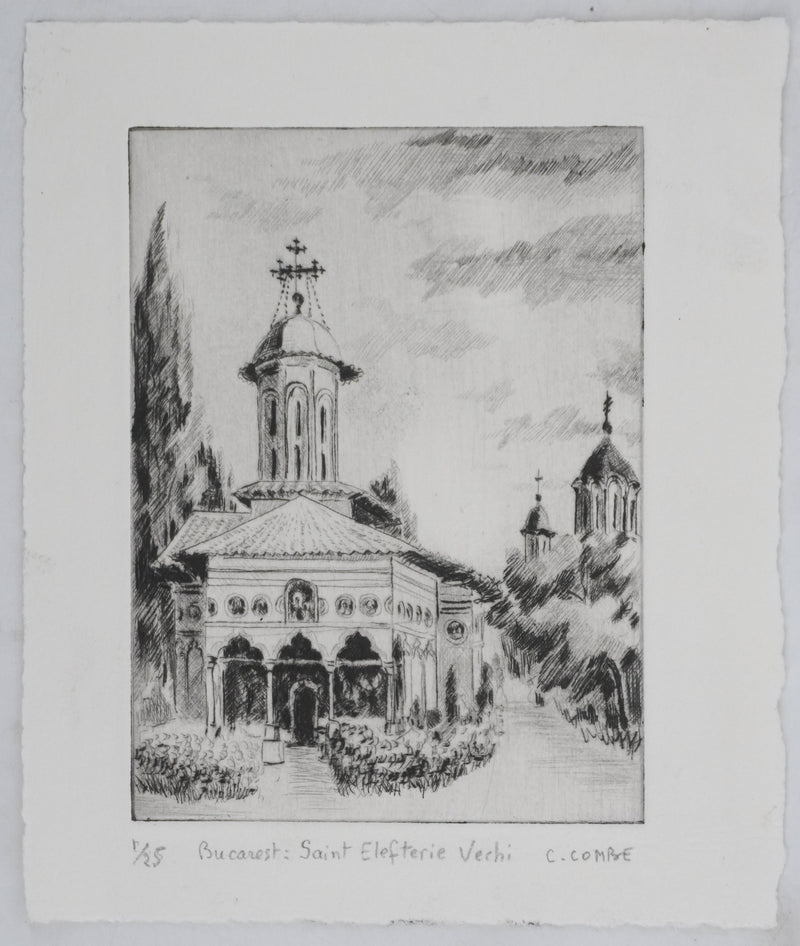 Camille COMBE : Bucarest, Saint Elefterie Vechi, Gravure originale signée